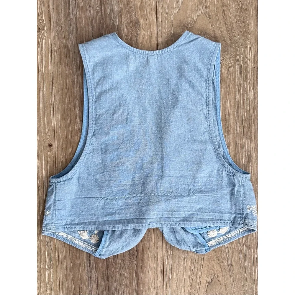 Free People Linen Blend Embroidered Cropped Vest Boho Floral Size 0 Western